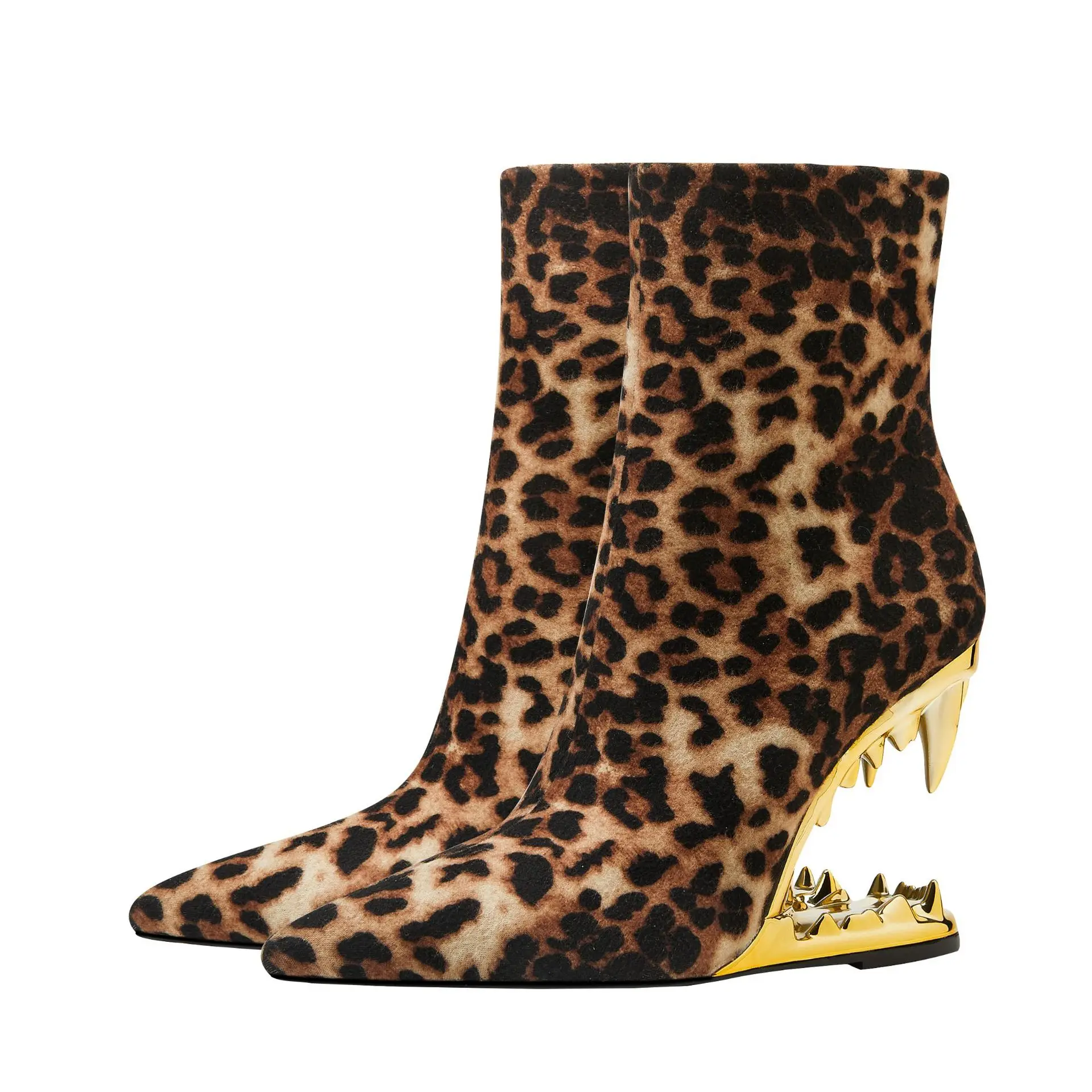 

Leopord Women Shoes Luxury Tiger Teeth Strange Style Heels Pointed Toe Ankle Boots Botas Mujer Zipper Bottines Designer Zapatos