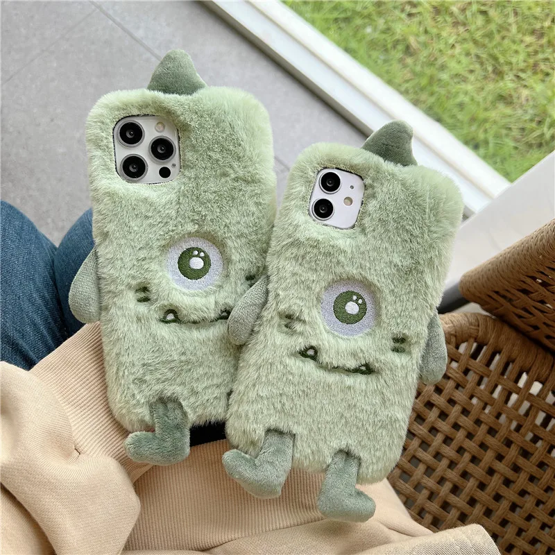

3D Cute Ears Green Little Monster Fur Plush Phone Case For Xiaomi Redmi Note 11 Pro Case 11S 10C 9T Mi X4 M4 11T 12 11 Lite Case