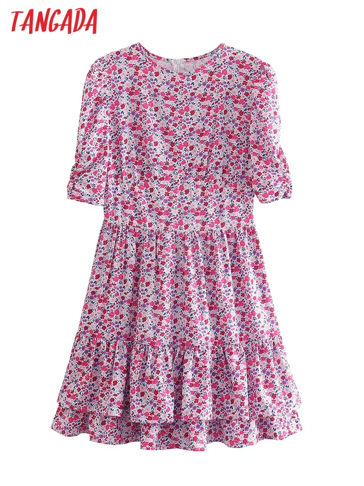 

Tangada 2022 Summer Women Flowers Print Short Dress Puff Short Sleeve Ladies Sundress XN63