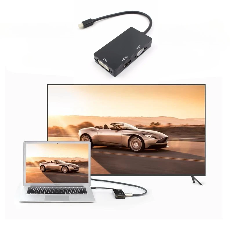 Фото Кабель-адаптер-конвертер 3-в-1 Thunderbolt Mini Displayport DP в HD VGA DVI для компьютера и проектора №1