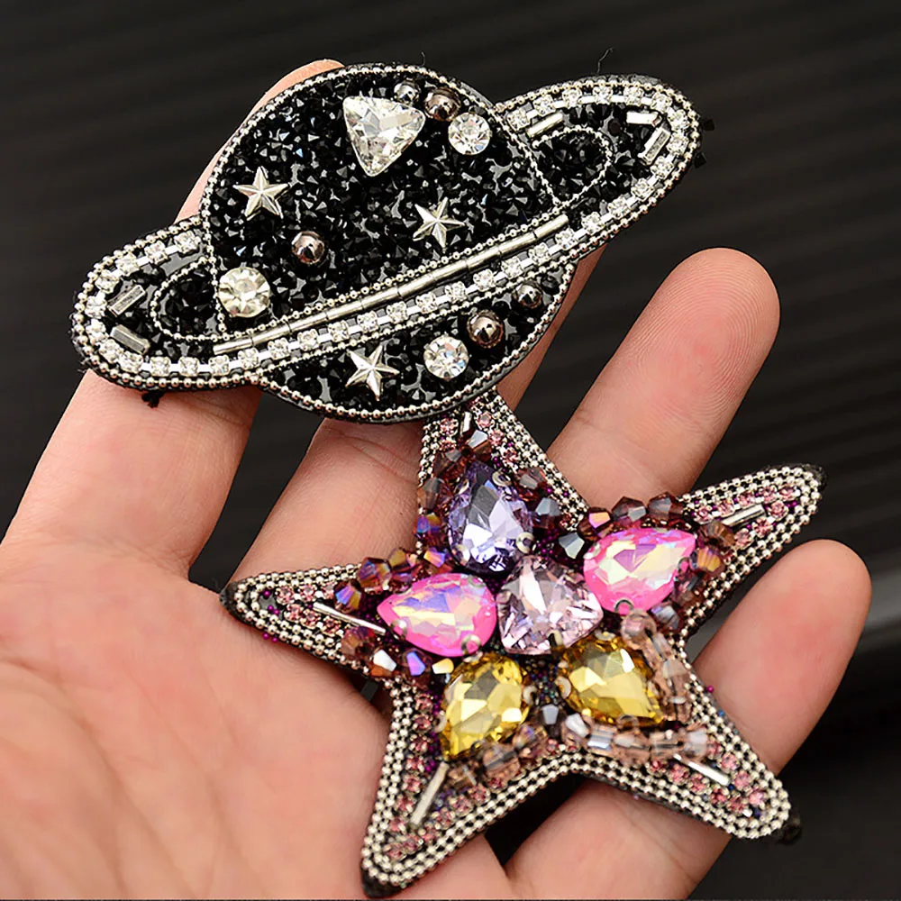 

Handmade 3D Beaded Rhinestones Star Space Plane Design Patches Sew on Airplane Patches Clothes Bags Decoration DIY Applique