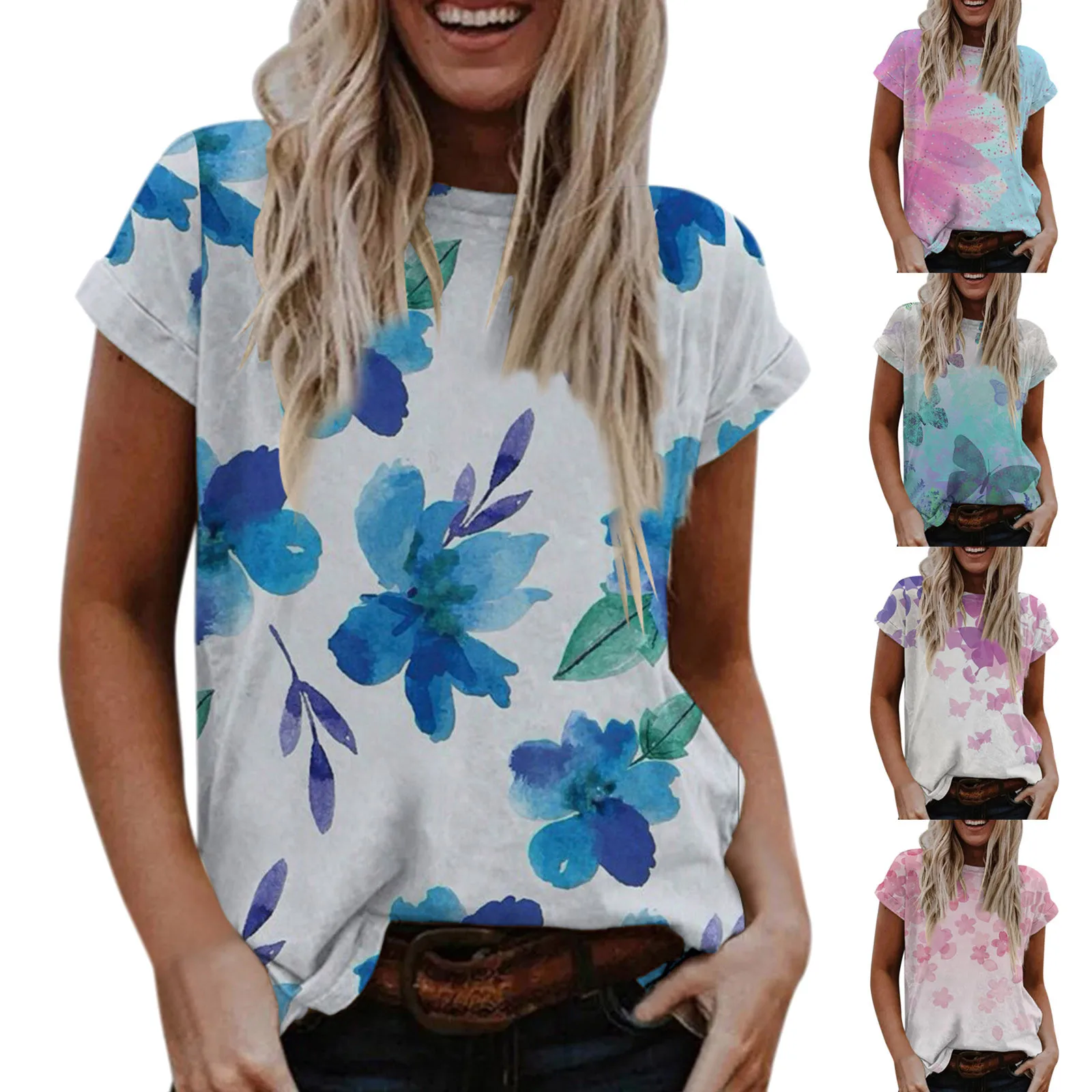 

Женские повседневные летние топы, Цветочная футболка с коротким рукавом и круглым вырезом, свободная туника с принтом и разрезом сбоку, блу...