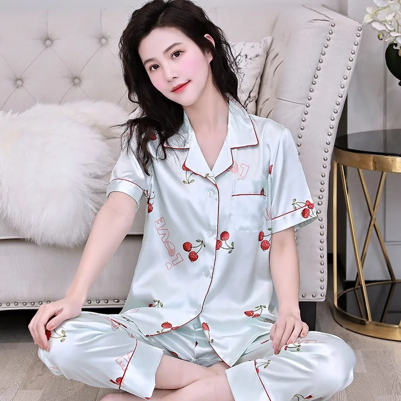 Ice Silk Pajamas Women's Summer Short Sleeved Trousers Poplin Thin Suit Cardigan Spring And Autumn Sexy Home Clothes Pajama Suit
