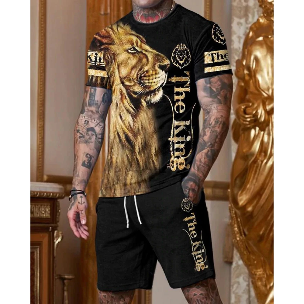 Men's T-shirt Set 3D Fierce Lion Print Streetwear Oversized Short Sleeve T-shirt Shorts Set Sportswear Summer Male Clothing