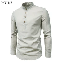 2022 spring and autumn new mens cotton and linen long sleeved shirts solid color fashion casual stand up collar trend shirts