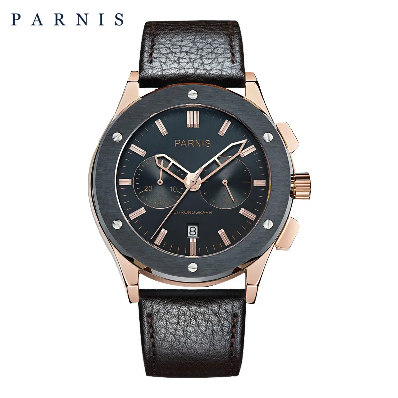 

Fashion Parnis 42MM Black Dial Men Quartz Watches Top Brand Luxury Calendar Man Wristwatch Genuine Leather Strap With Box Gift