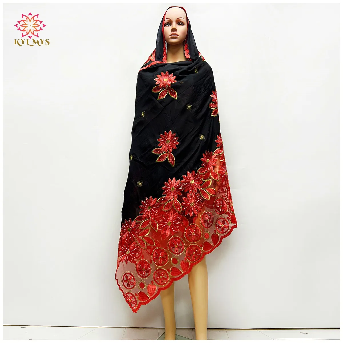 

2023 New Design Hot Sale Muslim African Women Dubai Scarf Big Size Embroidery Cotton splicing with Net Women Hijab Scarf