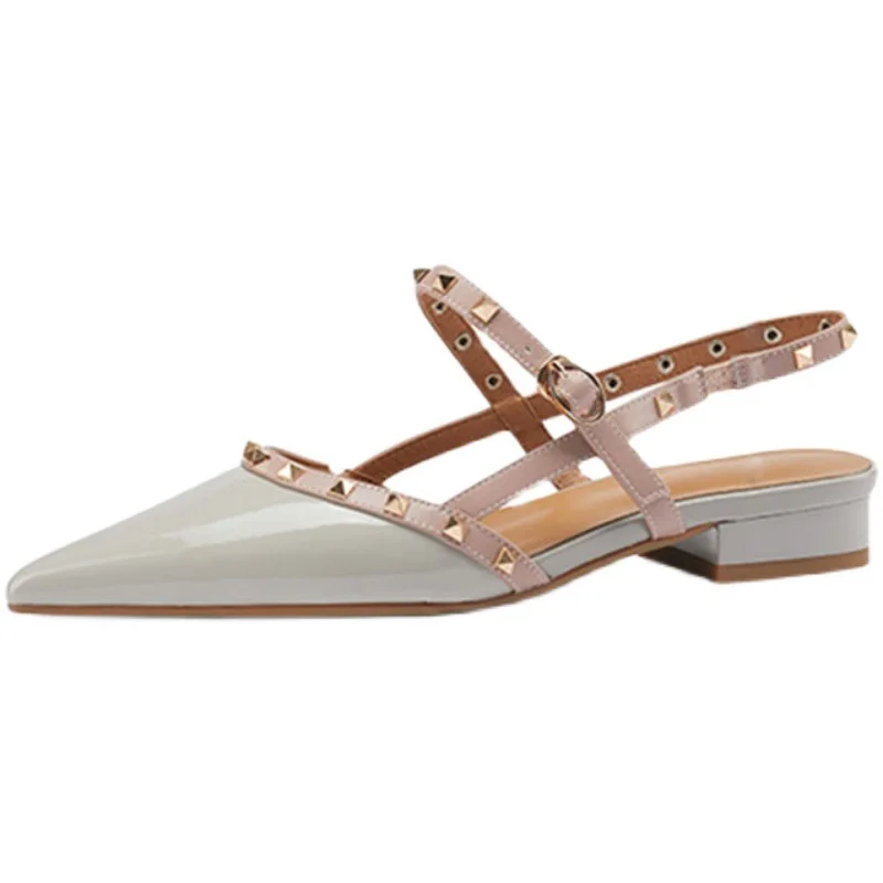 

Ladies Sandals Fashion Baotoe Mid Heel Sandals Patent Leather Rivet Pointed Toe Flats Shoes for Women Sandals Sandals for Women