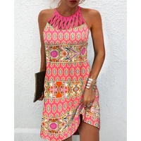 summer women sleeveless tribal print hollow out casual dress 2022 sexy femme o neck mini robe outfits street wear clothing