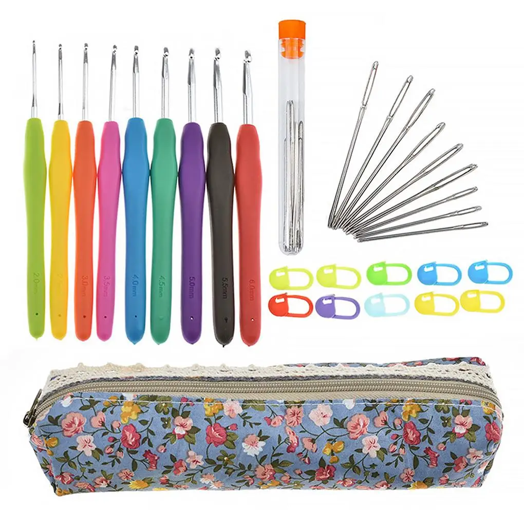 

30Pcs Crochet Hooks Kit TPR Soft Handle Yarn Knitting Needles Sewing Tool with Storage Bag