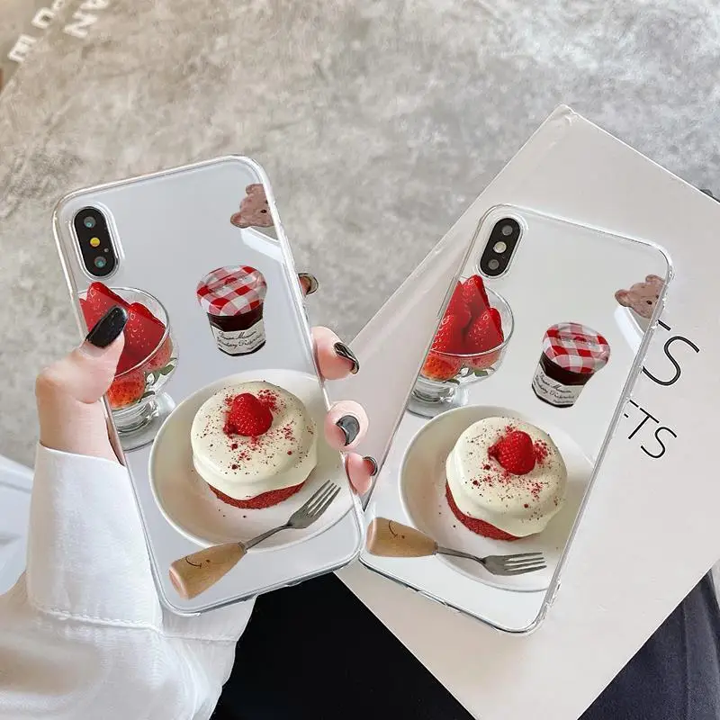 

For iPhone 11 12 Pro Max 13 Mini XR XS Max X 7 8 Plus SE2 Shockproof Back Clear Cover Cute Fruits Bread Transparent Phone Case