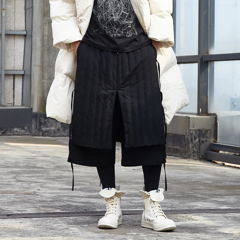 Winter Duck Down Pants Men Women Japan Loose Casual Kimono Skirt Pants Male Streetwear Hip Hop Punk Gothic Harem Thick Trousers