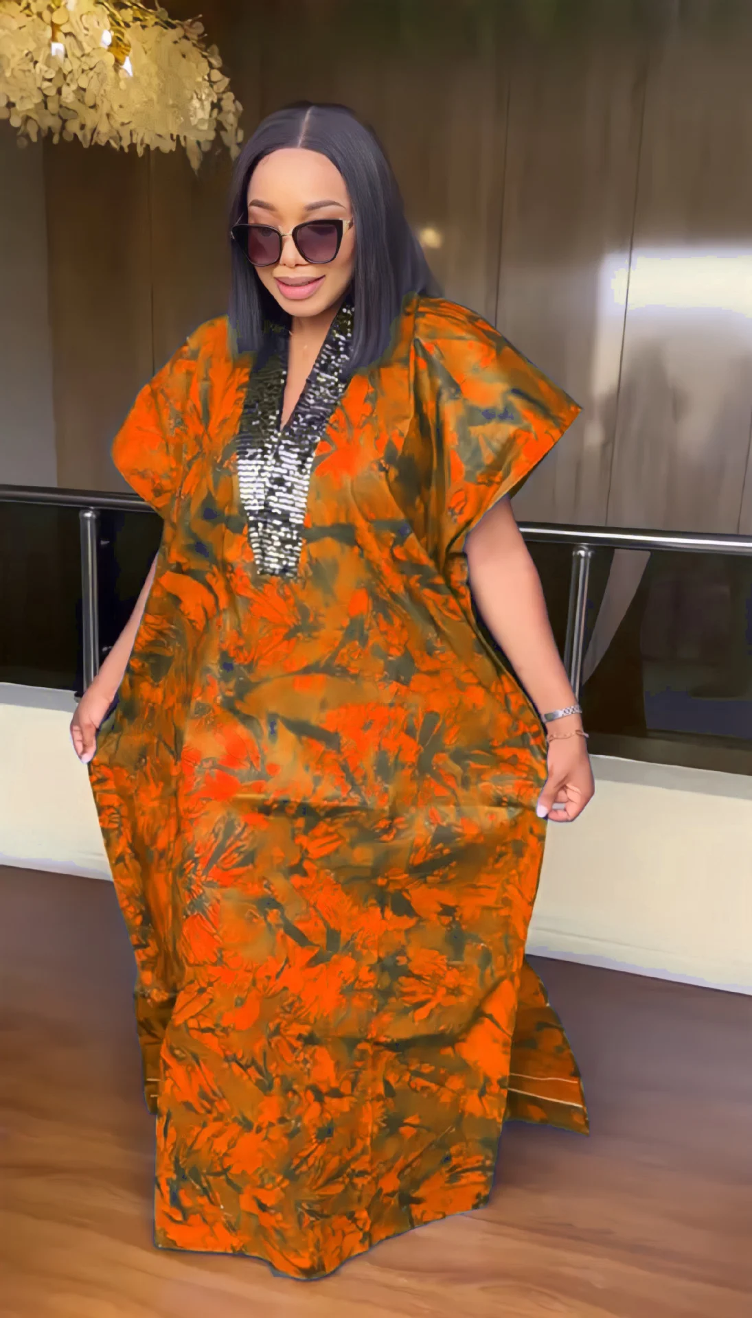 Women's Dress 2023 New Fashion Loose Sequin V-neck Printed Loose Fitting Robe With Headcard Ethical Style Robe Plus Size Dress