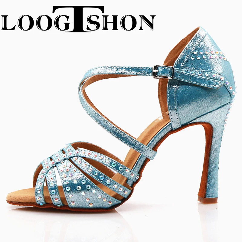 Loogtshon  Latin dance shoes women dancing shoes classic rhinestone shoes roman heel cone heel dance shoes professional heels