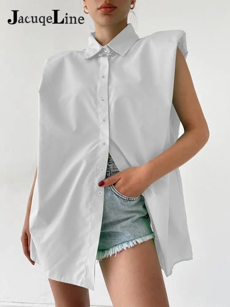 

Jacuqeline 2022 Y2K Loose Sleeveless With Pads Shirts Tops Women Spring Summer Casual Fashion Elegant Female Blouse Shirt Oufits