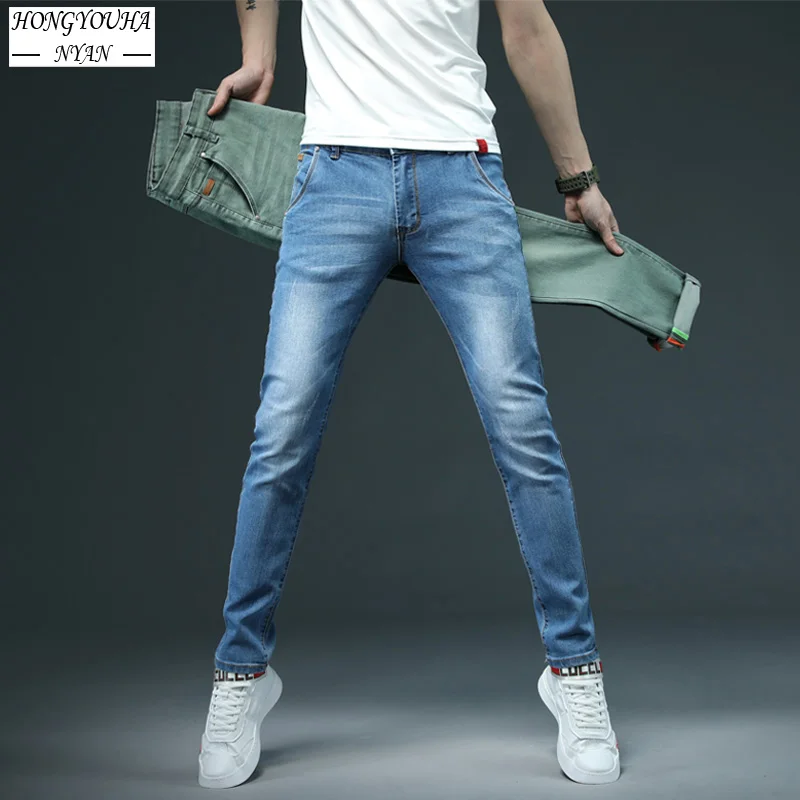 2022 Classic Style Men Brand Jeans Business Casual Stretch Slim Denim Pant Light Blue Trousers Male Comfort Straight Denim Pants