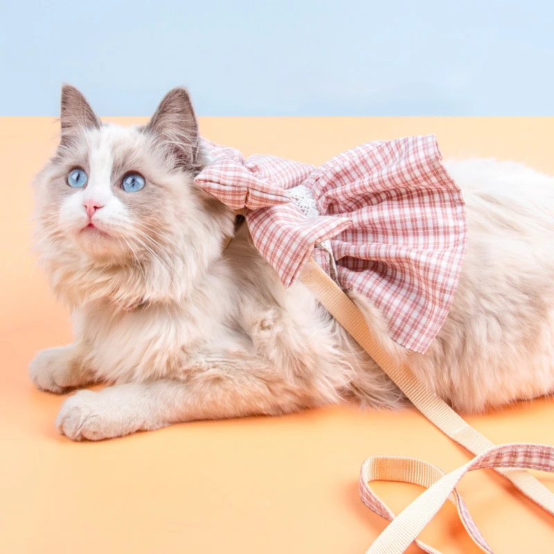 

Bow Dog Collar Skirt Breathable Dogs Clothes Pet Harness Vest Mesh Dress Breathable Traction Rope Chest Belt Collar Pet Supplies