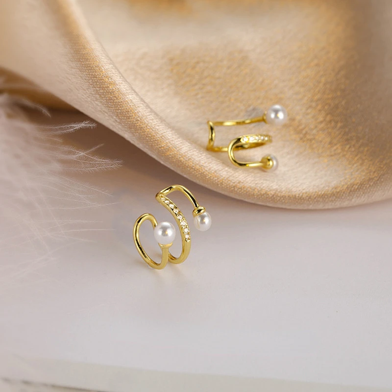 1 Pcs Double-layer Line Zircon Pearl Earrings Female Without Pierced Ear Bone Clip Twist Korean Fashion Jewelry 2-color