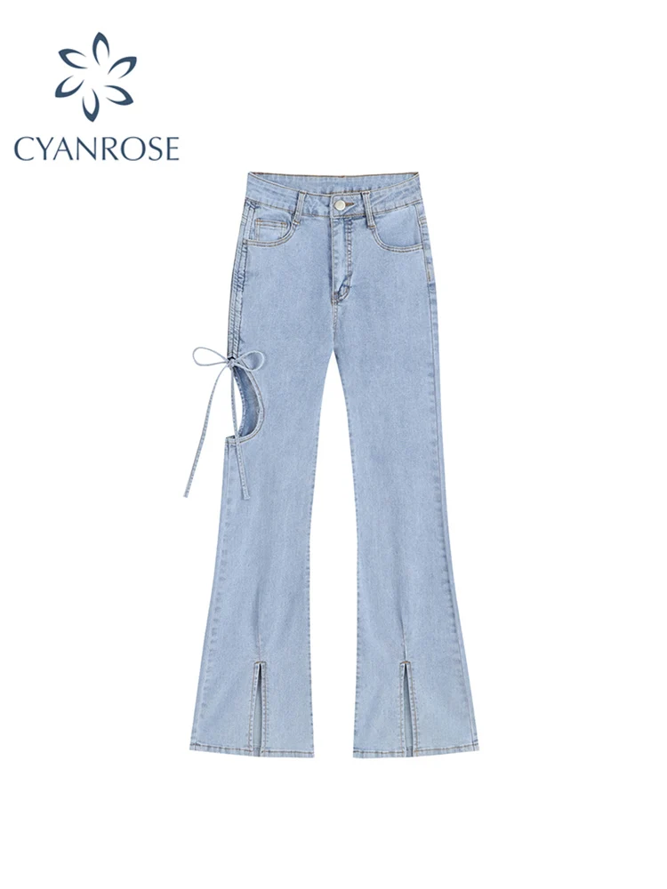 

Women Jeans High Waist Split Flare Pants Slim Fit Stretchy Vintage Fashion Streetwear Harajuku Hollow Out Wide Leg Denim Trouser