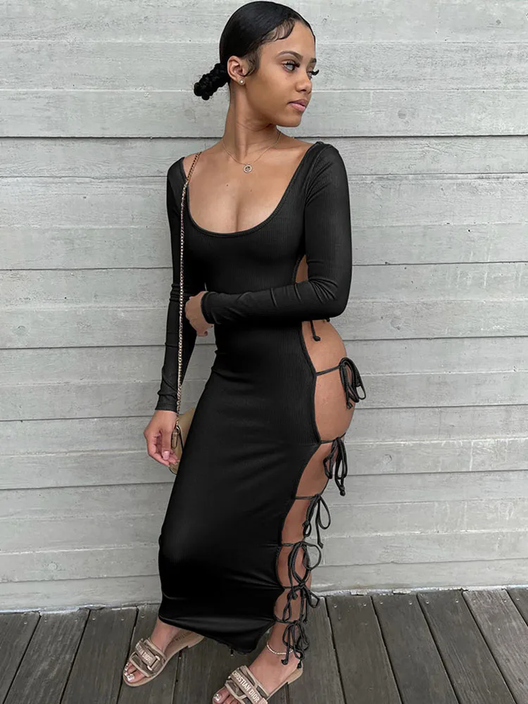 

Sexy Side Lace-up Low Collar Backless Bodycon Long Dress for Women Long Sleeve Hollow Out Maxi Dress Club Midnight Party Dresses
