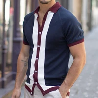 2022 men shirt casual slim lapel button cardigan contrast color single breasted summer short sleeve polo shirt top