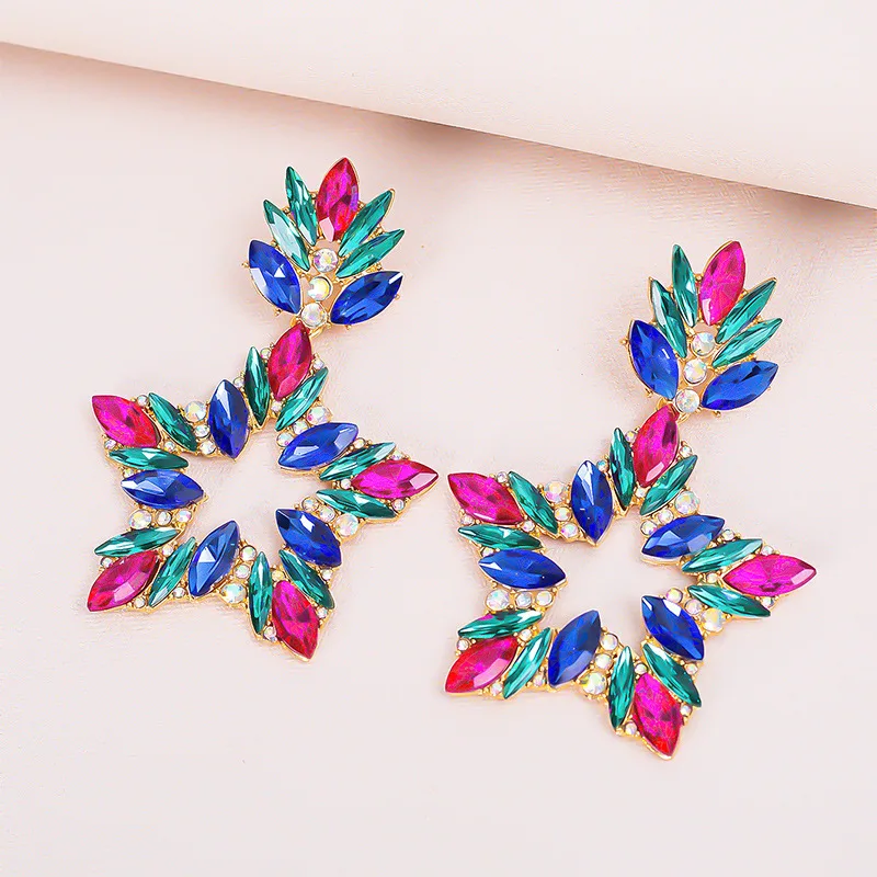

Trend New Coloful Crystal Series Big Star Shaped Drop Earrings for Women Exaggerated Pink AB Pendant Earring Jewelry Wholesale