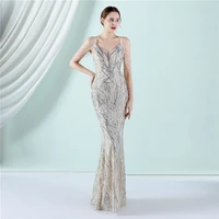 spaghetti strap elegant party dresses women 2022 sequin embroidery v neck maxi mermaid gowns crystal beading long evening dress