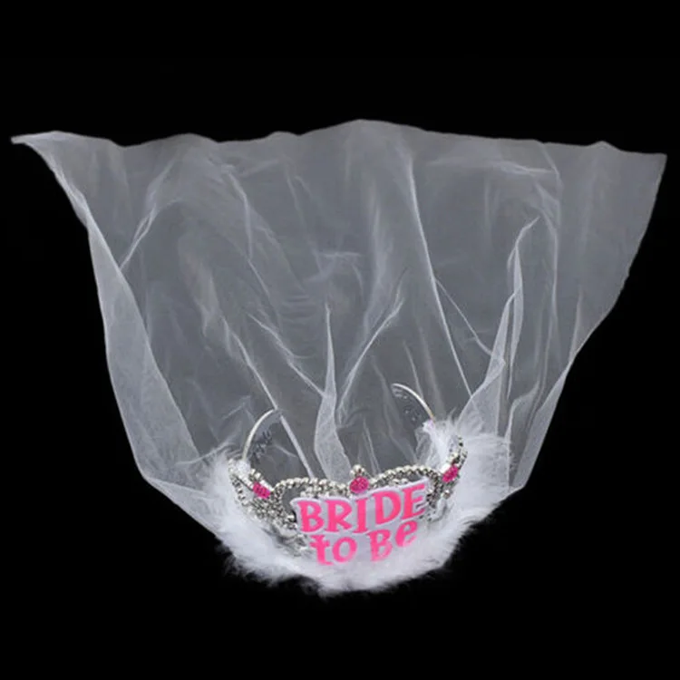 

Pink Bride To Be Crown Tiara Veil With Comb Feather For Hen Night Party Accessories Wedding Bridal Shower Decoration