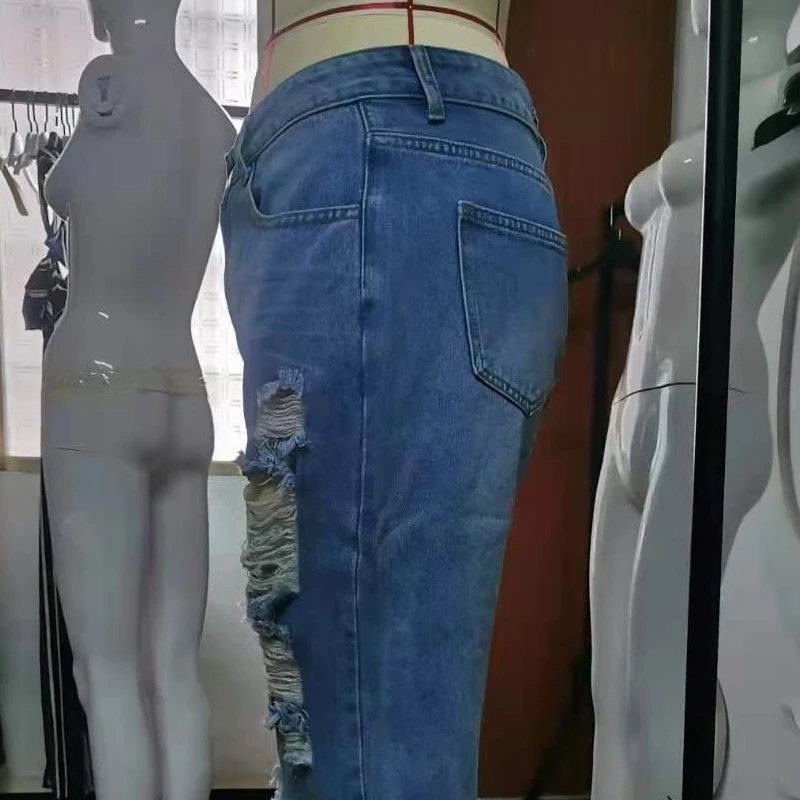 Casual High Street Cowboy Pants Ripped Jeans For Women Fashion Mid Waist Denim Trouses Sexy Vintage Hole Pencil Jeans Hot Sell