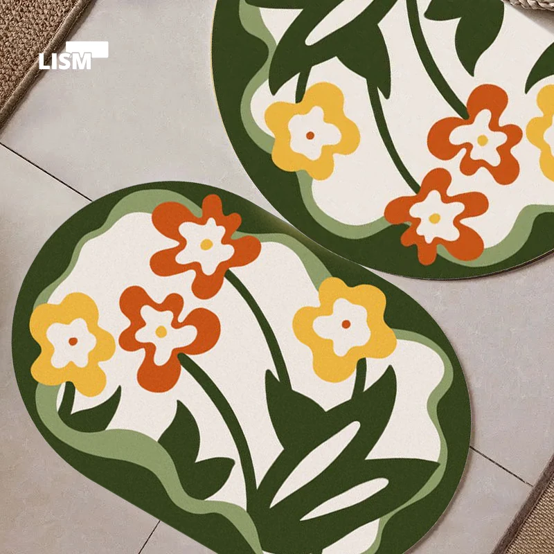 

Retro Flower Diatom Mud Carpet Bathroom Door Entrance Rug Bathroom Non-Slip Toilet Door Absorbent Anti-slip Door Mat Art Decor