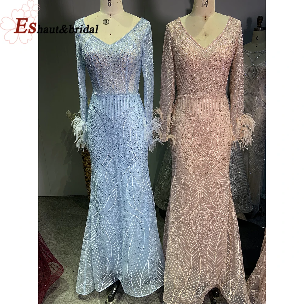 

Elegant Feather Lace Mermaid Evening Night Dress for Women 2022 Long Sleeves V Neck Crystal Formal Prom Wedding Party Gowns
