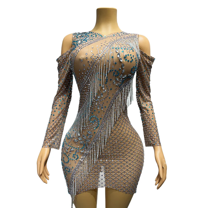 

Костюм для празднования дня рождения, сексуальный костюм с бахромой, новый дизайн, кристаллы, голубое, стрейчевое прозрачное вечернее платье