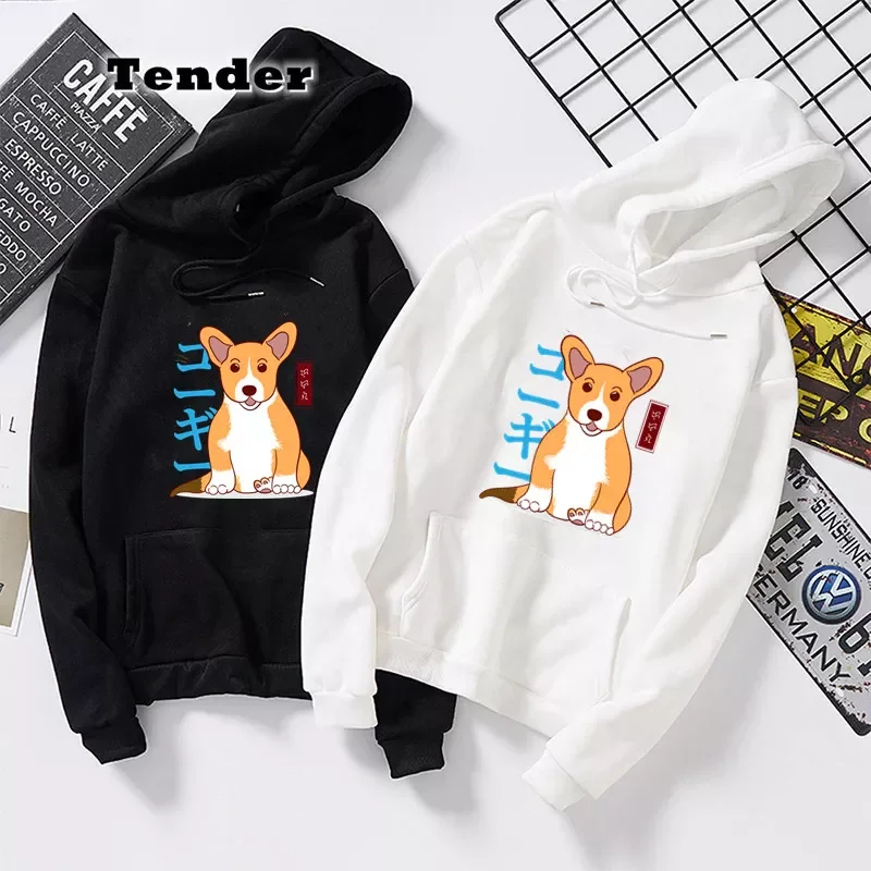 

Женские милые корги с принтом толстовки с круглым вырезом женские черные цвета Свитшот японский Харадзюку собака с длинным рукавом