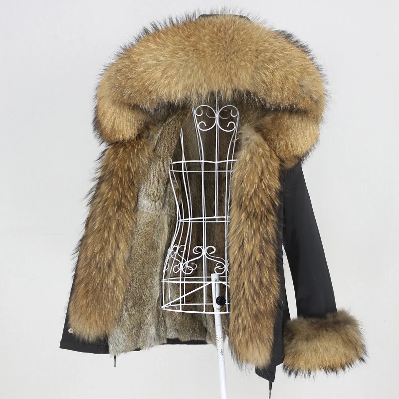 

Aoottii 2022 Winter Jacket Women Short Waterproof Parka Real Rabbit Fur Coat Natural Fox Raccoon Big Fur Collar Hood Removable
