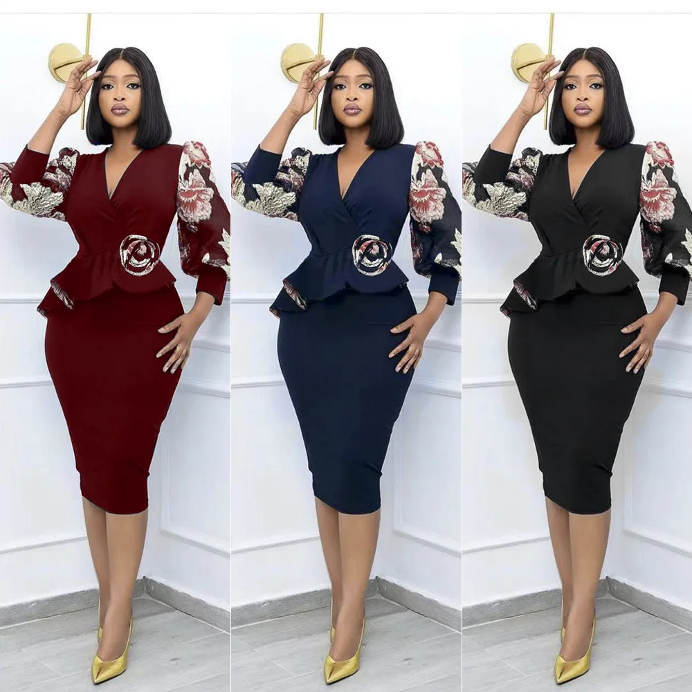 

Spring 2022 Fashion Style African Women Long Sleeve V-neck Printing Polyester Knee-length Dress African Dresses for Women