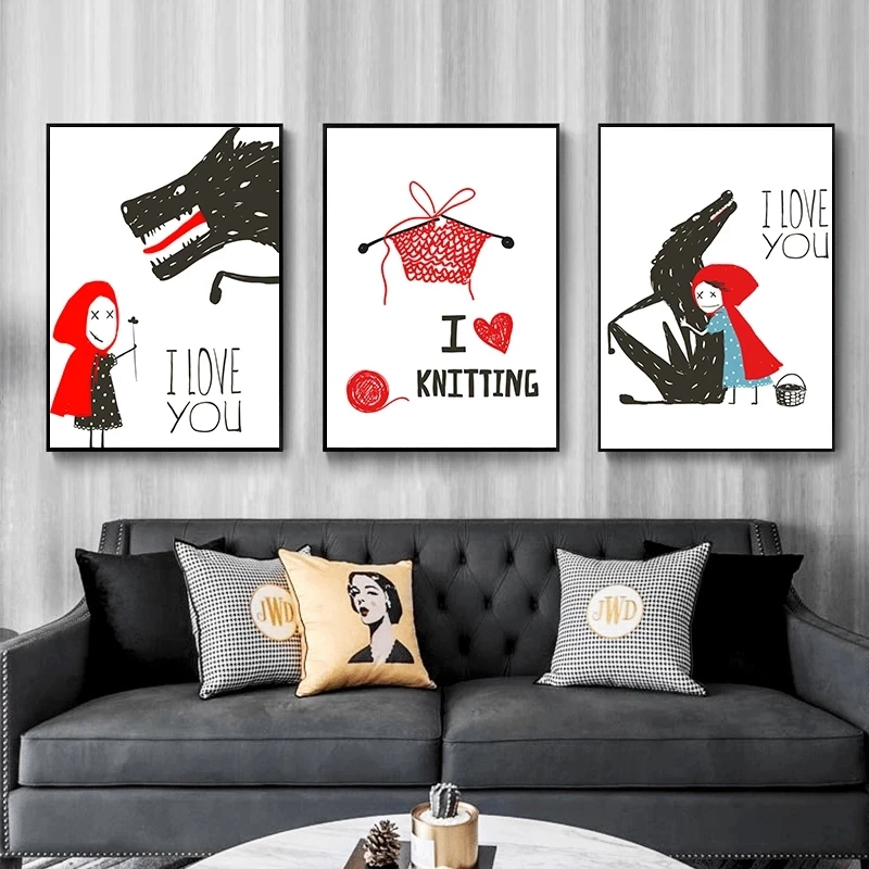 

Художественный постер с изображением большого Плохого Волка и маленького Красного капюшона для свитера, картина на стену для украшения инт...