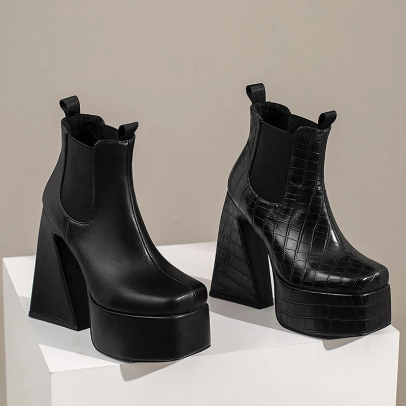 Big Size 46 Stone Print Women Square toe Short Boots Triangle Chunky Heels Shoes Platform Booties Custom Logo Available