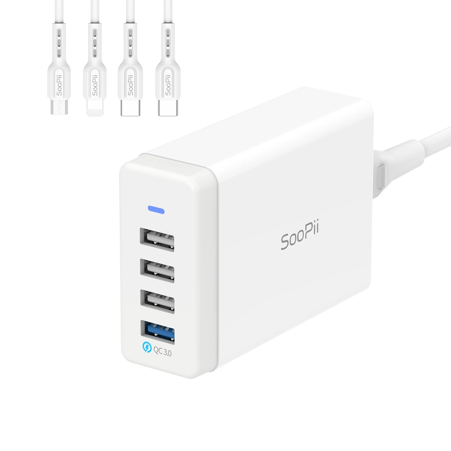 

SooPii Премиум QC 3,0 40W 4-портовая USB зарядная станция для нескольких устройств с 4 смешанными кабелями для телефонов планшетов и многого другого