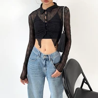 deeptown sexy vintage transparent women blouses black y2k crop top female fashion long sleeve shirts see through cardigan mujer