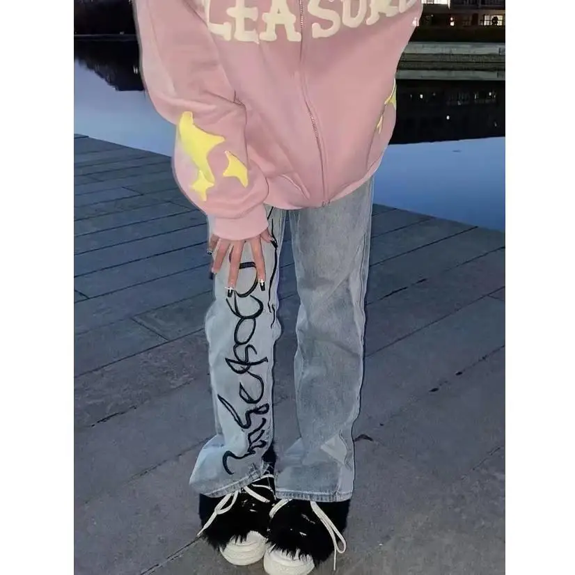 

American vintage vintage embroidered rip off jeans Women High Street hiphop loose straight leg wide-leg pants ins style