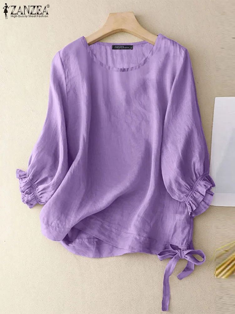 Блузка ZANZEA Женская однотонная с круглым вырезом элегантная рубашка рукавами 3/4