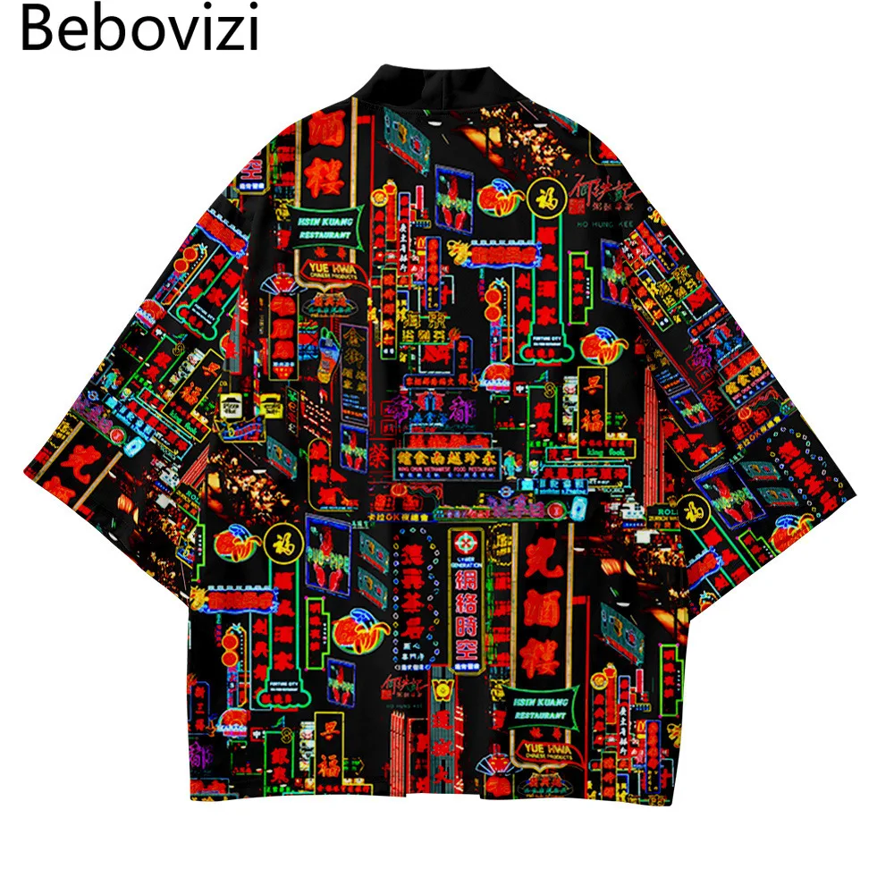 

Harajuku Japanese Streetwear Cosplay Kimono Vintage Neon Sign Print Yukata Men Women Cardigan Haori Asian Clothes 4XL 5XL 6XL