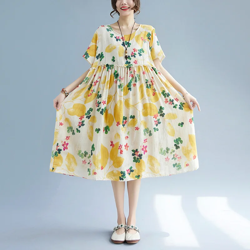 

Women Sweet Style Dresses O-Neck Short Sleeve Print Floral Cotton Linen Clothing 2023 Summer New Loose Long Dress