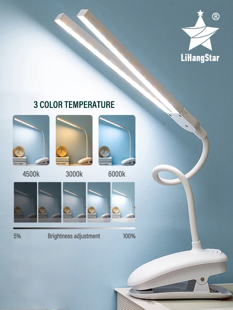 Светодиодная Настольная Лампа С Двумя Головками Для Чтения Сенсором Зажима