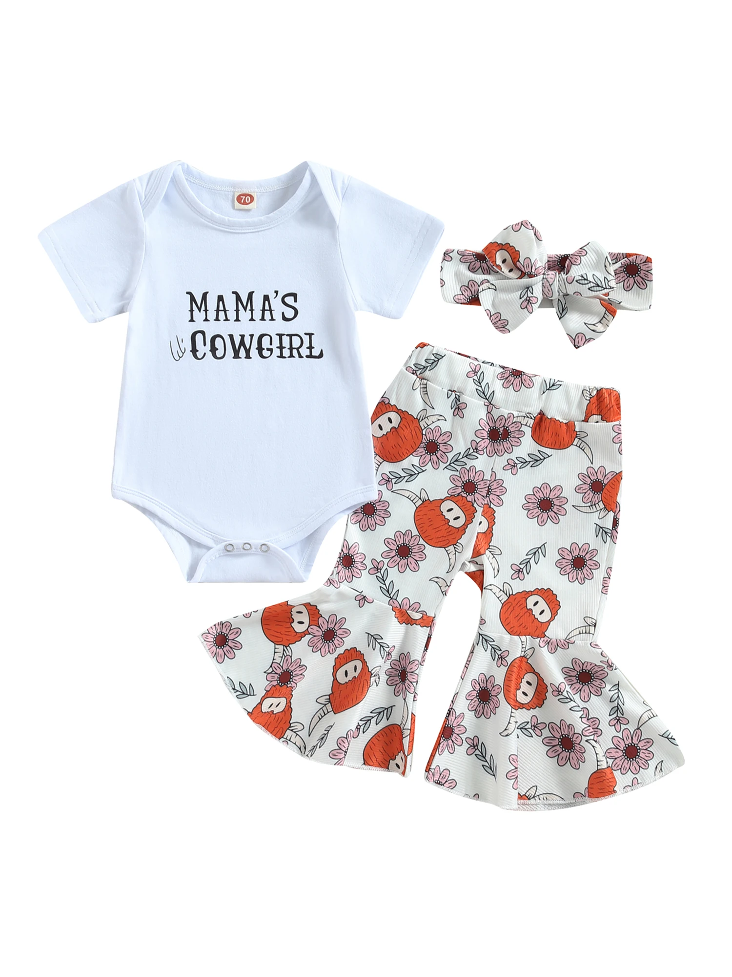 

Детский комбинезон в западном стиле с коротким рукавом и буквенным принтом, расклешенные брюки с коровьим принтом, повязка на голову, компл...