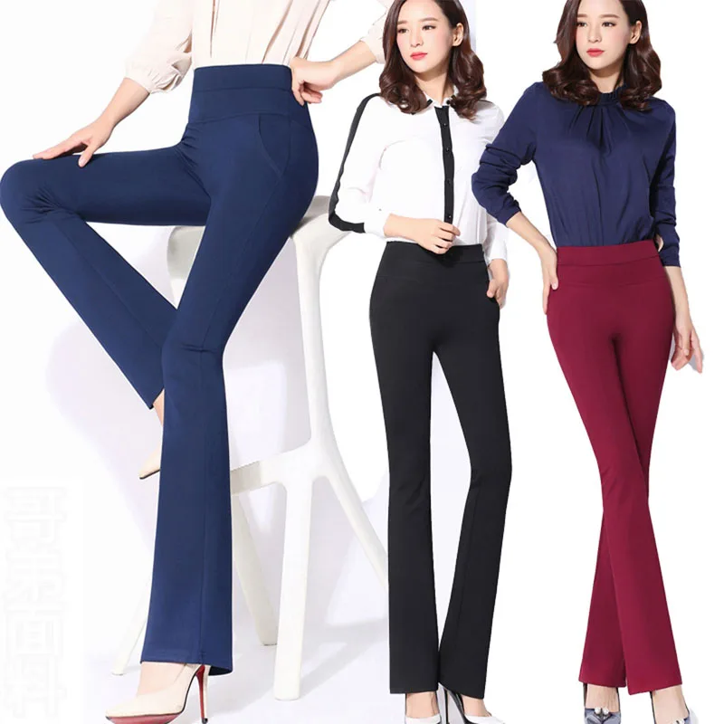 

Autumn High Quality OL Solid Flared Long Pants Womens Stretch Slim Trumpet Trousers Navy Burgundy Formal Elegant Business Pants