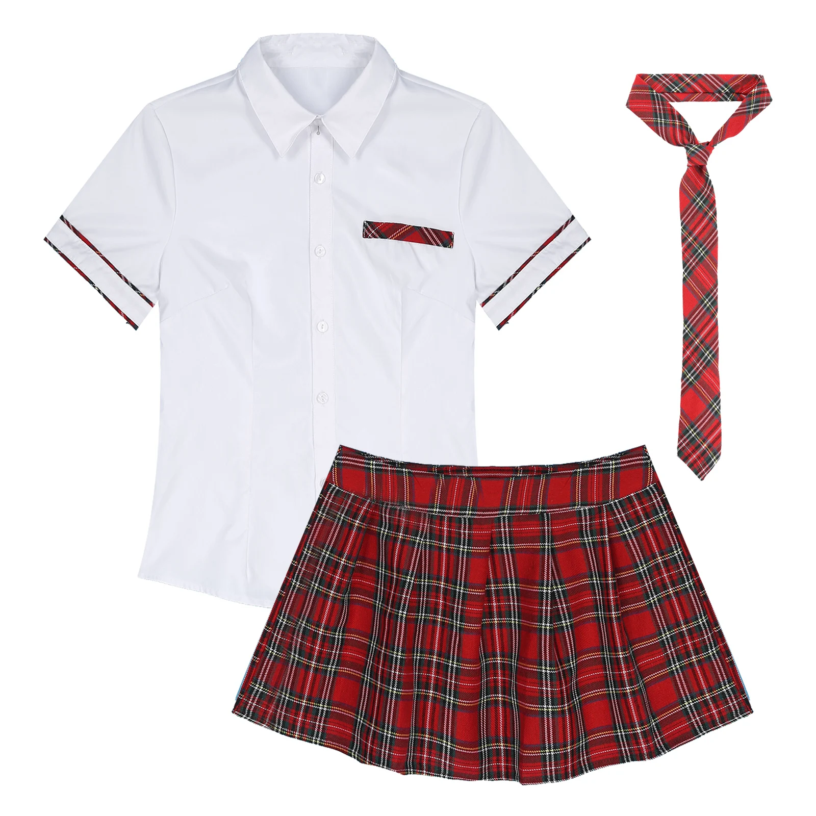 3Pcs Womens Sexy School Girls Cosplay Party Clubwear Costume Uniform Short Sleeve Shirt with Plaid Skirt and Tie Set - купить по