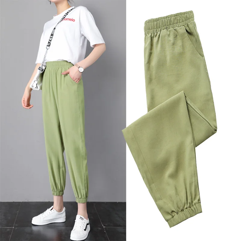2023 New Ice Silk Sports Pants Student Women'S 9 Point Casual Summer Style Loose And Thin Mosquito Proof Lantern Trousers Female