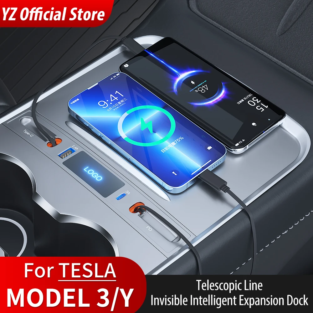 27W Quick Charger USB HUB For Tesla Model 3 Model Y Shunt Intelligent Docking Station Car Adapter Powered Splitter Extension