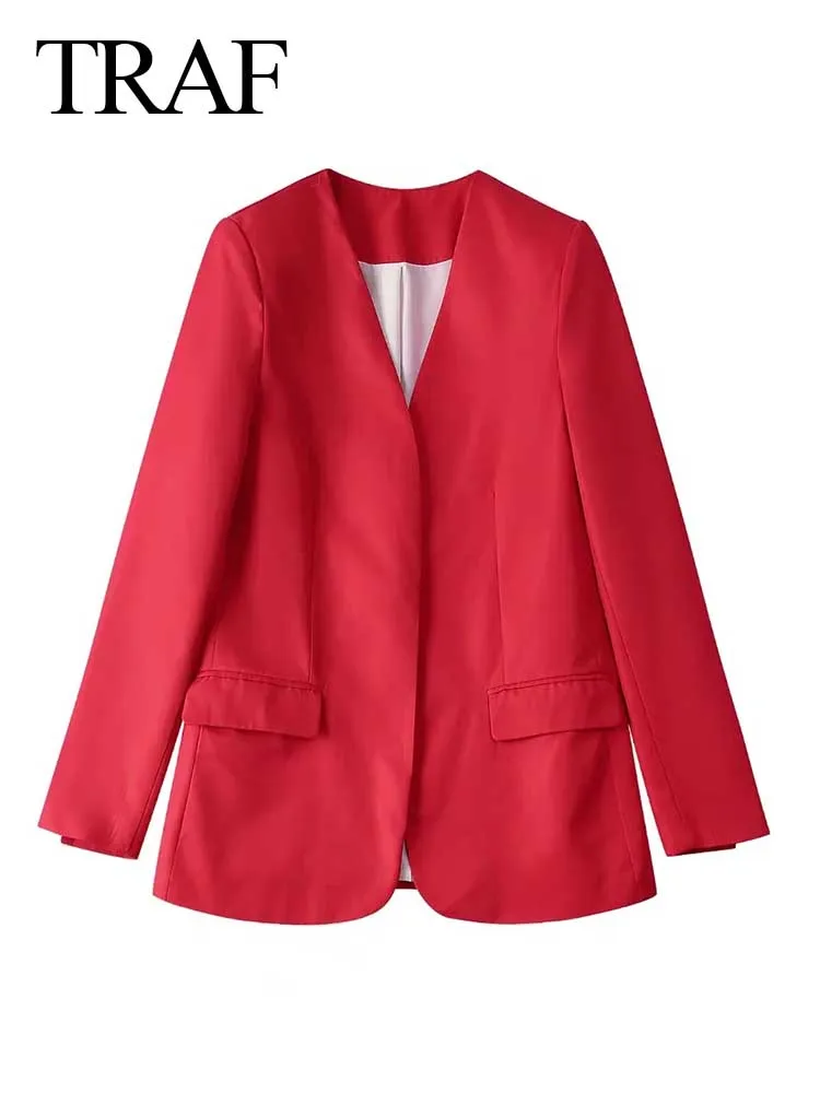 

TRAF Casual Fashion Versatile Commuter V-Neck Single Breasted Lady Blazer Charming Trendy Red Elegant Senior Ladies Blazer